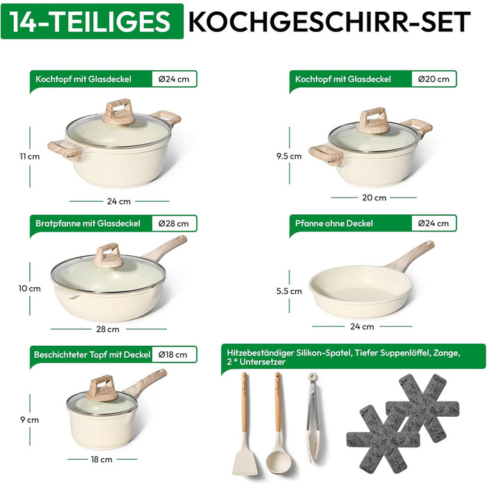 JUST PERFECTO Induction Cookware Set - Frying Pan Set with Lid - Frying Pan 24cm, Frying Pan 28 cm - Cookware Set 28cm Non-Stick Pan without PTFE and PFOA (14-Piece Beige)