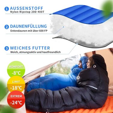 Сплячий мішок Daunenschlafsack: 4-сезонний, зимовий, від -3°C до -20°C. Підходить для кемпінгу, походів та відпочинку на природі для дорослих та дітей. Колір: небесно-блакитний. Діапазон температур: -3°C до -12°C (небесно-блакитний -8°C до -18°C)