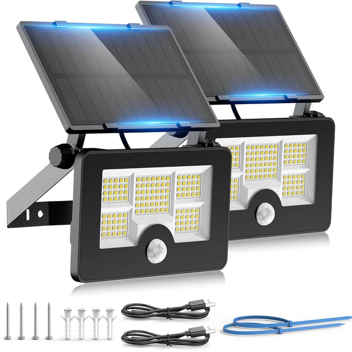 Solar Security Light for Outdoors with Motion Sensor, 122 LED 4 Modes Spotlight, USB Cable 2200mAh IP65 Solar Light Fence Light for Garden 【2 Pack】