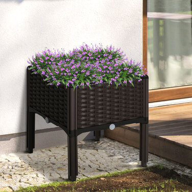 Outsunny Raised Garden Bed Planter, Rattan-Look 40x40x44cm with PP Drainage Holes in Brown for Garden & Balcony