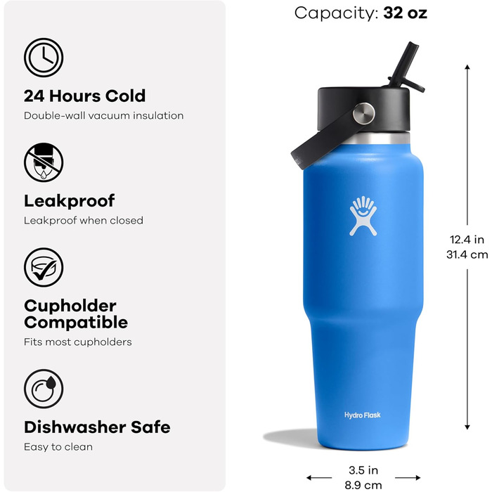 Hydro Flask 32oz Wide Mouth Flex Straw Travel Bottle - Stainless Steel, Vacuum Insulated, Leakproof, BPA-Free