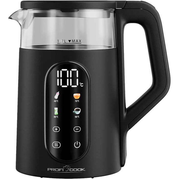 Скляний електрочайник ProfiCook PC WK 1328 G з регулюванням температури 40-100°C, 1.7л, 2200Вт, функція підігріву та швидкого старту
