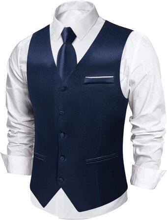 Костюм-жилет та краватка DiBanGu з атласу, 8 предметів, однотонний жилет та метелик з брошкою для смокінга, весілля, формальних заходів (XL, темно-синій)