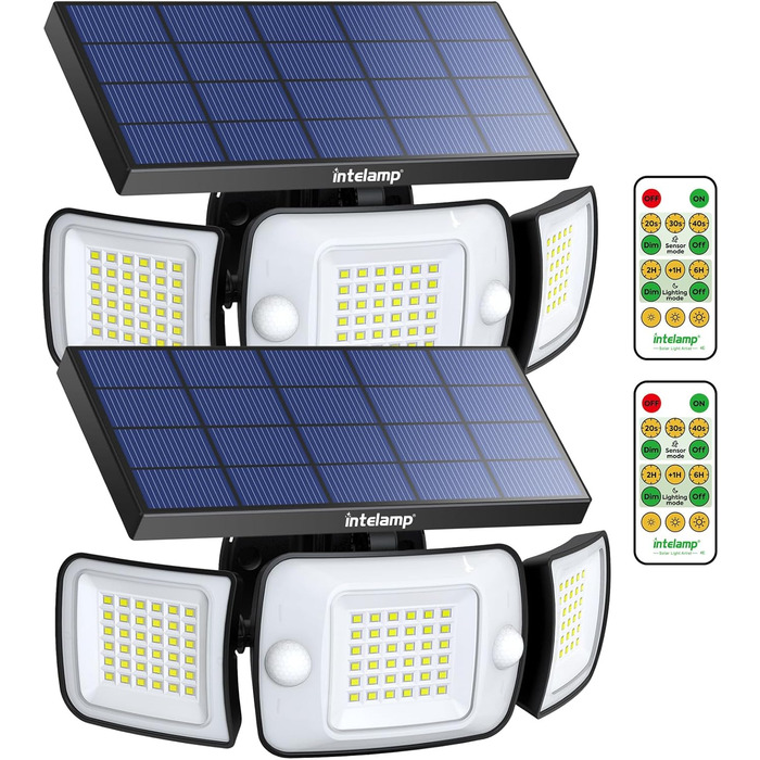 INTELAMP Solar Lights for Outdoors with Motion Sensor, 6000 mAh Solar with Remote Control, 1200LM, 270° Wide-Angle Solar Lights, IP65 Waterproof for Porch and Garages (2-Piece - White Light)