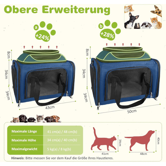 Транспортна сумка для кота, переноска для кота та собаки, переноска для тварин, складана переноска для домашніх тварин зі шлейкою, переноска для тварин (Блакитна, L)