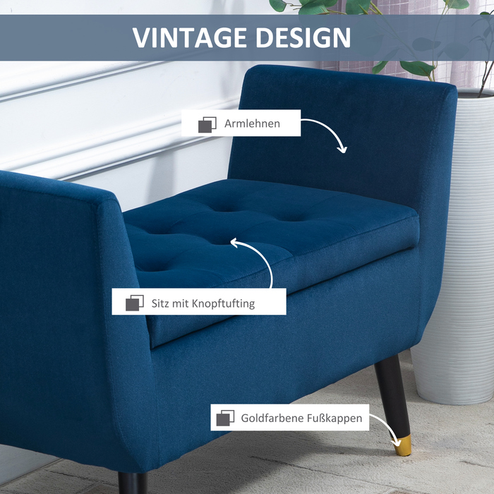 HOMCOM Luxury Bench with Storage, Upholstered Bench Blue from Velvety Polyester, Rubber Wood, with Armrests, 107x42x65cm for Living Room & Entryway