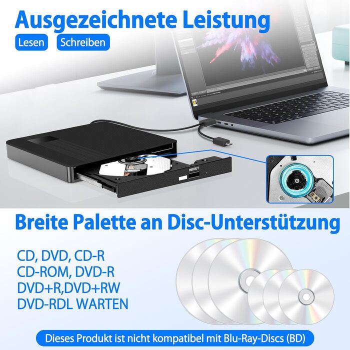 Зовнішній USB 3.0 Type-C CD/DVD привід-записувач (DVD +/-RW), портативний для ноутбука, ПК та Mac (Windows, Linux, macOS), чорний