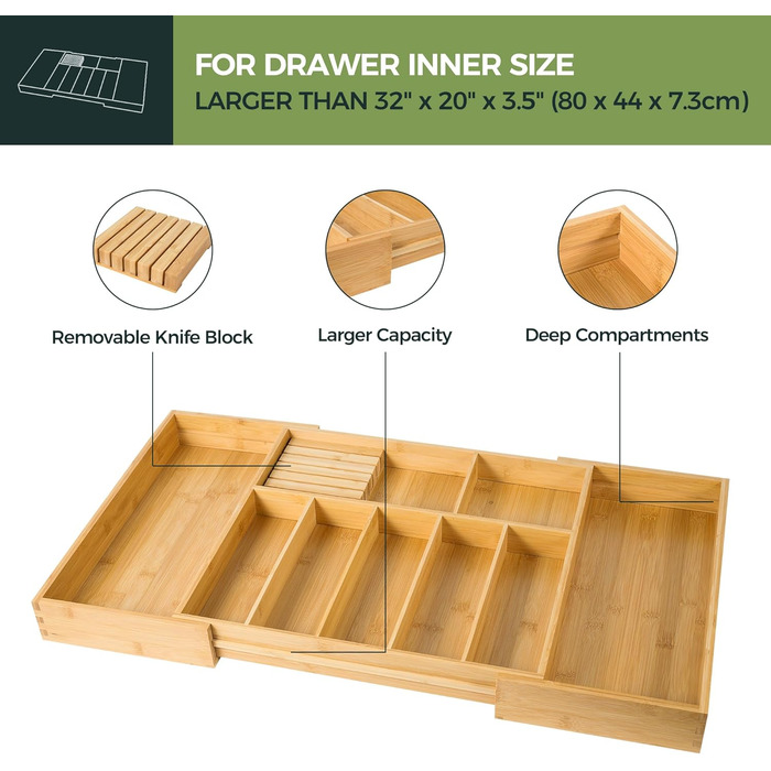 VaeFae Bamboo Cutlery Box, Adjustable Drawer Cutlery Insert, Cutlery Organizer for Kitchen, and Expandable Utensil Holder