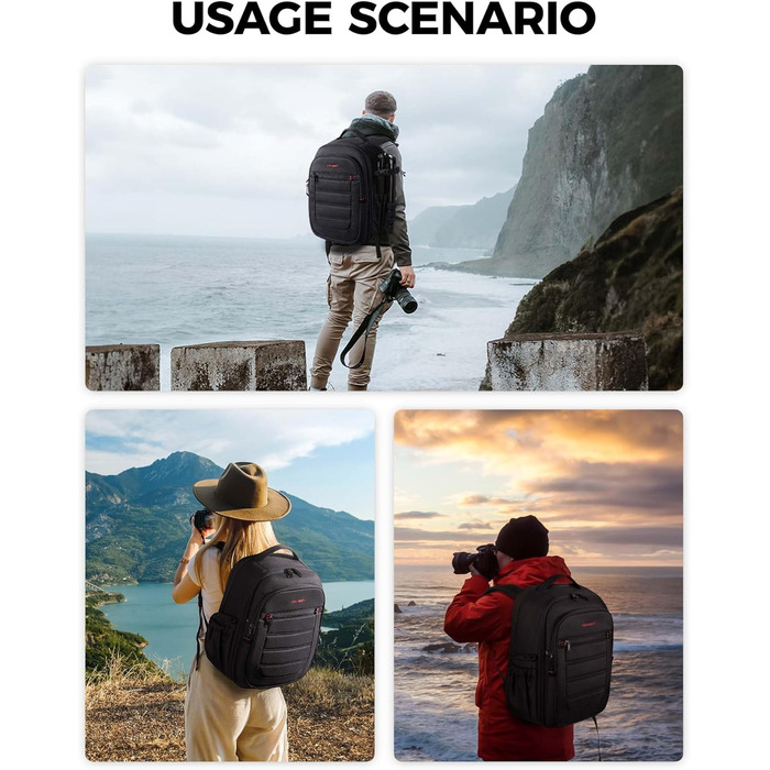 Сумка-рюкзак для фотокамери Bagsmart: водонепроникний рюкзак для фотографів з відділенням для ноутбука 15,6 дюймів, чорний