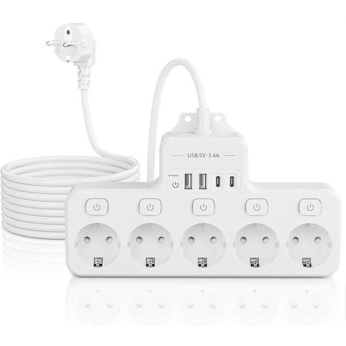Багатофункціональна мережа розгалужувач з USB та вимикачем, 5 розеток, 2м кабель, кутова розетка, чорний колір, для кухні, з індивідуальним вимикачем, для столу, настінний монтаж