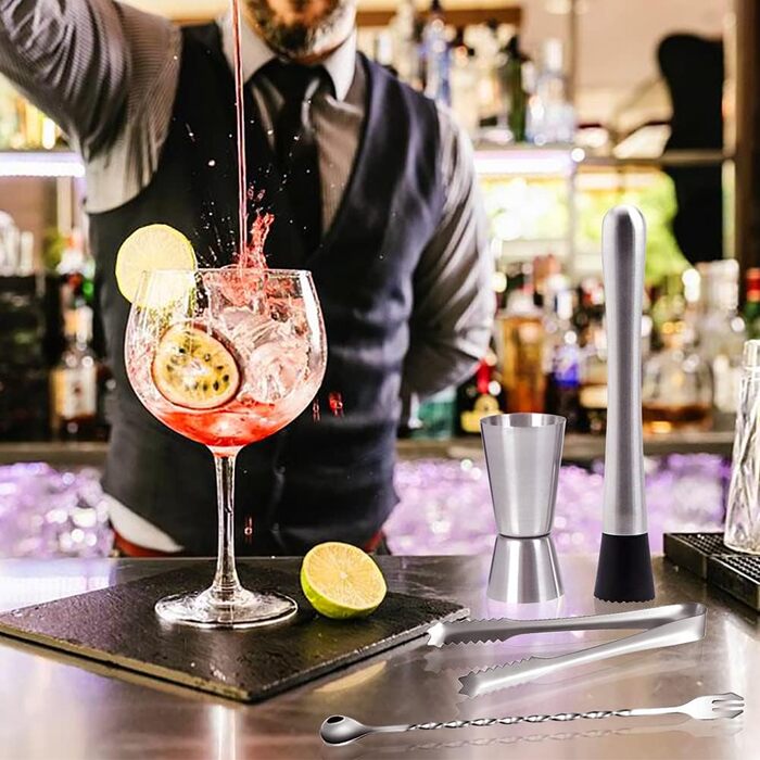Набір для коктейлів з нержавіючої сталі, 5 предметів: міксер, шейкер, мірний стакан, прес для фруктів, подарунковий