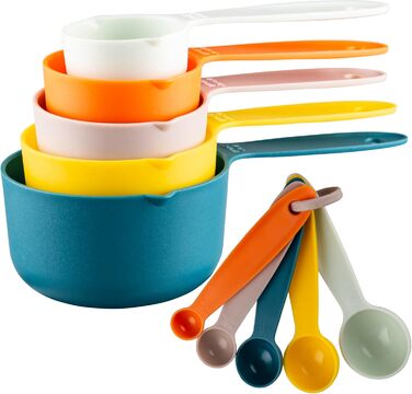 Measuring cups and spoons, plastic, measuring cups and spoons for baking and kitchen use, engraved metric/US markings for liquid and dry measurement, BPA-free, colorful measuring cups and spoons