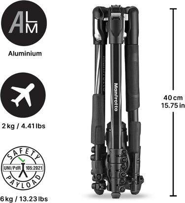 Штатив Manfrotto Befree Advanced 3-Way з тріножкою та fluid head з алюмінію для камер та відеокамер до 6 кг, ультракомпактний, аксесуари для фото та відео