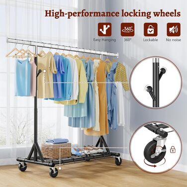 Легкий мобільний вішак для одягу на колесах FAVOOOSTY, металевий, до 200 кг, чорний, 1 стяжка