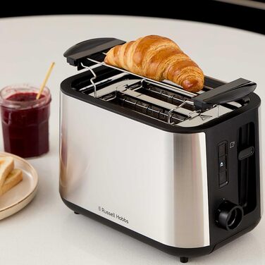 Тостер Russell Hobbs Textures+ з широкими слотами, підставка для бургерів, щипці, 6 рівнів підсмажування, розморожування та підігріву, 850W, 22601-56, нержавіюча сталь, 2 відсіки
