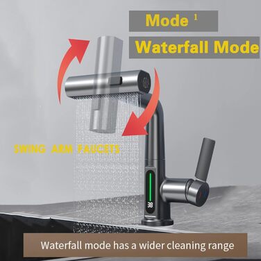 Кухонний змішувач з витяжною лійкою та душем, 3 режими, LED-індикатор температури, однорідний, поворотний на 360°, для кухні, високого тиску, регульована висота (сірий)