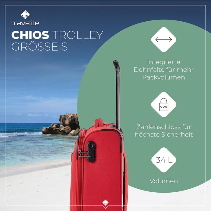 Travelite 4-Wheel Luggage Size L, Softshell, Chios Luggage Series with Expandable Accordion and Edge Protection, Trolley with Timeless Design, 78 cm, 90-97 Liters (Trolley Carry-on (55 cm), Red)