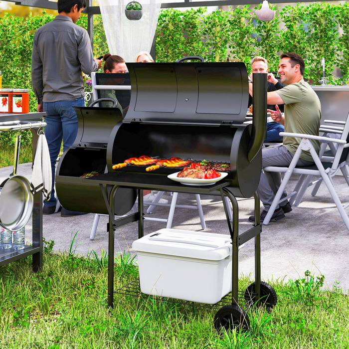 Сталевий вугільний гриль Outsunny BBQ Smoker з кришкою, термометром, колесами, полицею, мобільний гриль-візок з регулюванням подачі повітря, кошик для вугілля, вугільний гриль для барбекю, кемпінгу, саду 109x60x120 см | Aosom