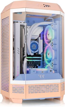 Thermaltake The Tower 300 Bumblebee: Корпус ПК Micro Tower (Micro-ATX/mini-ITX) з вертикальним дизайном, 3x Tempered Glass, 2x140mm PWM вентилятори, підтримка радіатора до 420mm, опціональний комплект для встановлення (Peach Fuzz)