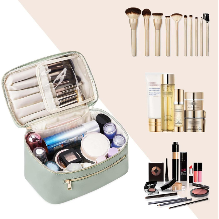 Косметичка для жінок, велика дорожня косметичка для макіяжу з відділенням для пензликів, органайзер, культиватор, з PU-шкіри, переносний мішечок для макіяжу, зелений (патент)