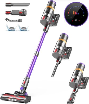 CHEBIO 45000Pa/550W/70Min Cordless Vacuum Cleaner, Battery-Powered Vacuum with Automatic Suction Setting, Vacuum with Anti-Tangle Brush & LED Display for Carpets, Hard Floors, and Pet Hair