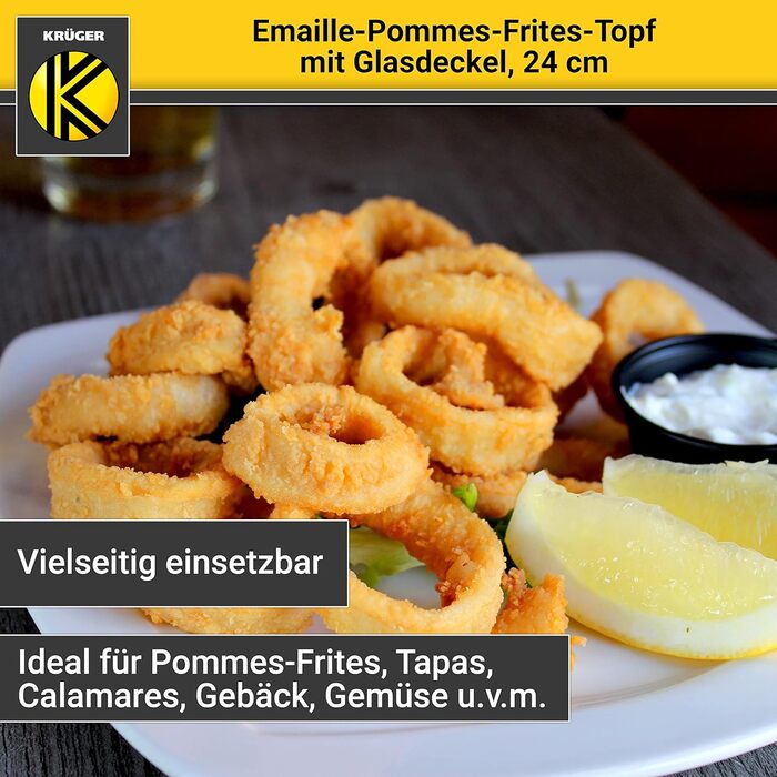 Каструля Krüger для фритюру, емальована, з хромованим обідком, ситом і скляною кришкою, 24 см — для смаження картоплі фрі, кальмарів, ідеальна теплопровідність