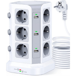 Стедова колонка KOOSLA з 12 розетками, захистом від перенапруги (4000W/16A) та 6 USB, 5м, білий - для офісу, кухні, столу