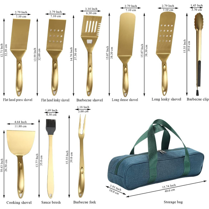 Набір аксесуарів для гриля Kyraton Gold Grill 9 шт. з титановою золотою обробкою, нержавіюча сталь з бакелітовими ручками, стійкий до високих температур, ідеальний для барбекю, тепаньякі та кемпінгу