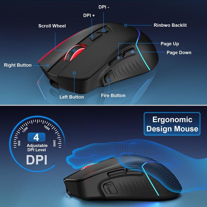 Бездротовий ігровий набір клавіатури та миші, DE Layout QWERTZ, RGB підсвічування, ергономічна миша, компактна клавіатура для PC, Mac, Xbox, PS5