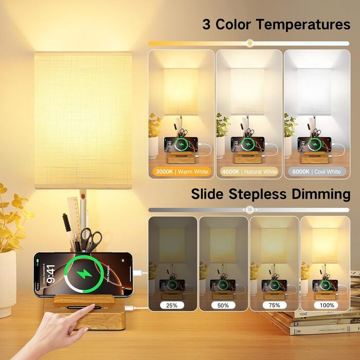 Настільна лампа світлодіодна OUTON 8000mAh бездротова з підставкою для ручок, акумуляторна, тканинний плафон, 3 режими світла, сенсорне керування, димування, індикатор заряду