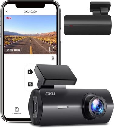 Відеореєстратор GKU Dashcam Auto: 2.5K, 1600P, WiFi, 170° Кут огляду, Mini, WDR, Нічне бачення, G-сенсор, Паркування, Loop, App, 256GB