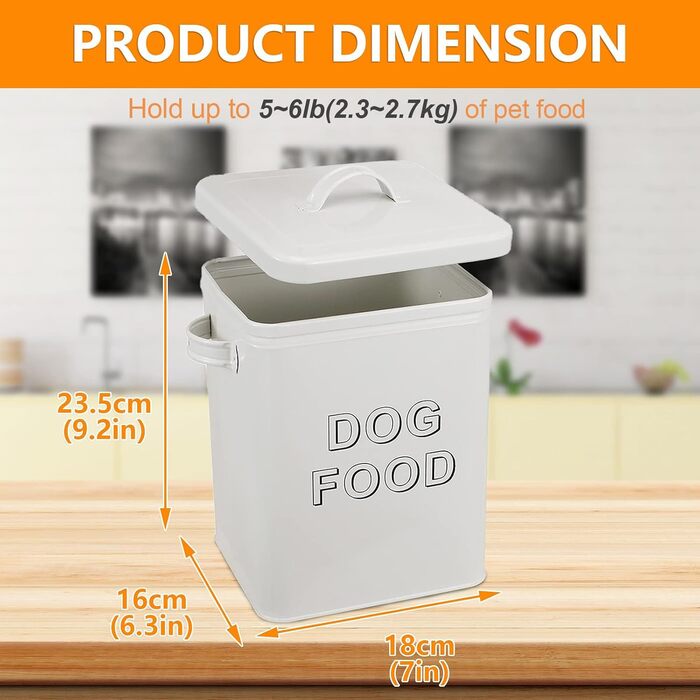 Контейнер для корму для собак Pethiy, 6.5 л, метал, білий - з міркою та герметичним кришкою