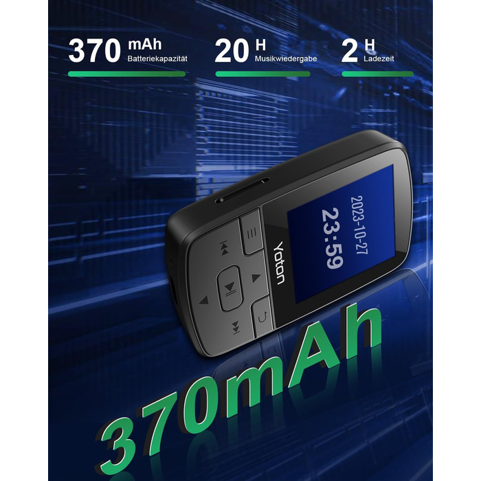 MP3-плеєр YOTON з Bluetooth 5.2, Hi-Fi звук, FM-радіо, диктофон, регулятор гучності, навушники, підтримка SD до 128 ГБ (Чорний)