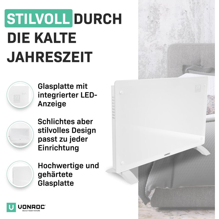 Електричний конвекторний обігрівач VONROC 2000W - для кімнат до 24м² - настінний/підлоговий монтаж, ручне/APP керування, білий