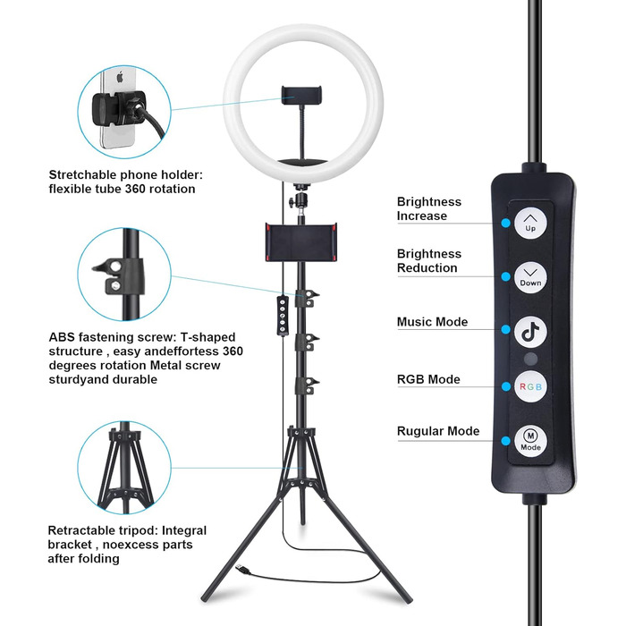 Кільцеве світло 13 дюймів з штативом, кліп для планшета та 2 тримачі для телефону, 3000-6000K, 10 рівнів яскравості, музичні режими, 100 RGB-режимів, LED кільцеве світло для селфі, TikTok, Vlog, YouTube, Facebook відео