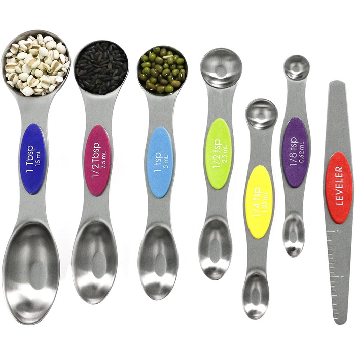 Multicolor magnetic measuring spoon set with leveler, stainless steel, stackable, fits spice jars – for baking and kitchen use