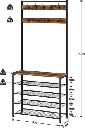 HOOBRO Coat Rack, Shoe Rack with Coat Rack, Clothes Rack with Shoe Storage, Shoe Cabinet with 5 Tiers, for Entryway, Dark Brown EBF80MT01G2