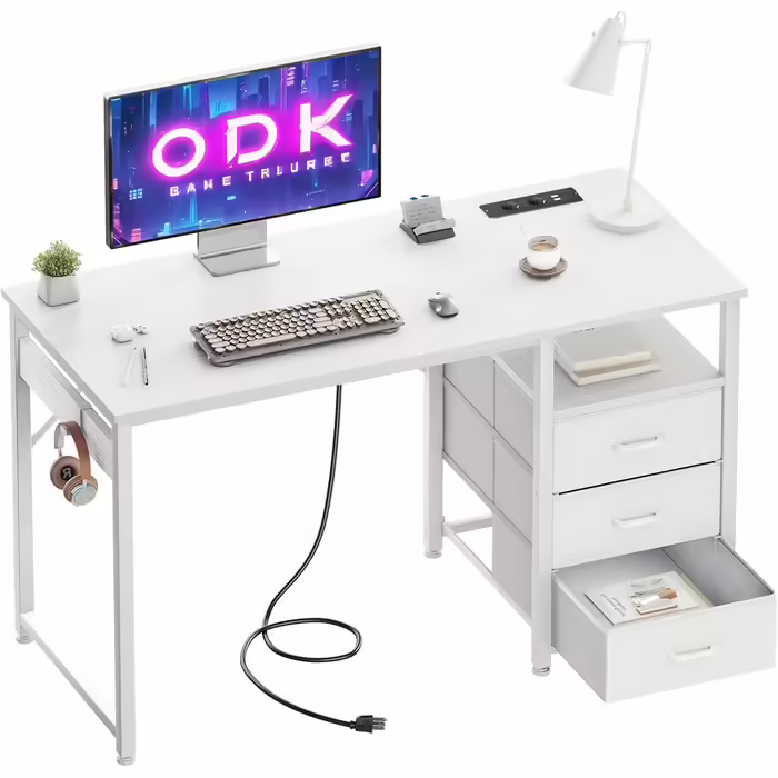 ODK Desk with 3 Fabric Drawers, Computer Desk with 2 Sockets and USB Ports, Reversible PC Desk Office Desk for Home Office (White, 120x48x75.5 cm) 120x48x75.5cm White