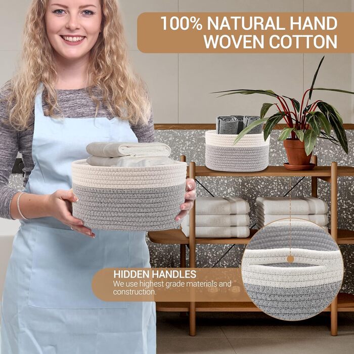 Lannvan Storage Basket 5-Piece Set made of Cotton, Woven Baskets, Storage Baskets, Storage Basket, Woven Basket for Bathroom, Bathroom, Children's Room, Changing Table, White and Grey