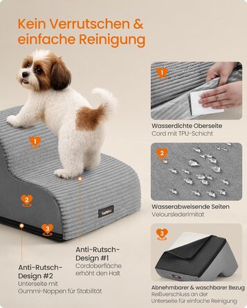 Сходинки для собак Feandrea, 3 сходинки, для маленьких собак, котів, водонепроникні, з неслизьким покриттям, знімний чохол, сірий PPS003G01