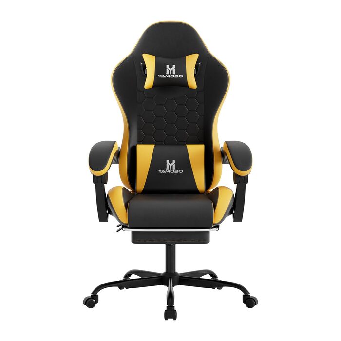 Ігрове крісло Racing Ergonomic з підставкою для ніг та масажним подушкою під поперек, навантаження до 150 кг, екошкіра, офісне крісло (Чорно-жовте)