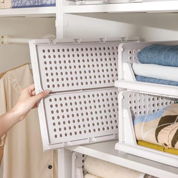 RMAN 8-Piece Stackable Folding Closet Storage Boxes, Closet Organizer Drawers, Plastic Storage Crates for Home, Bedroom, Kitchen - White