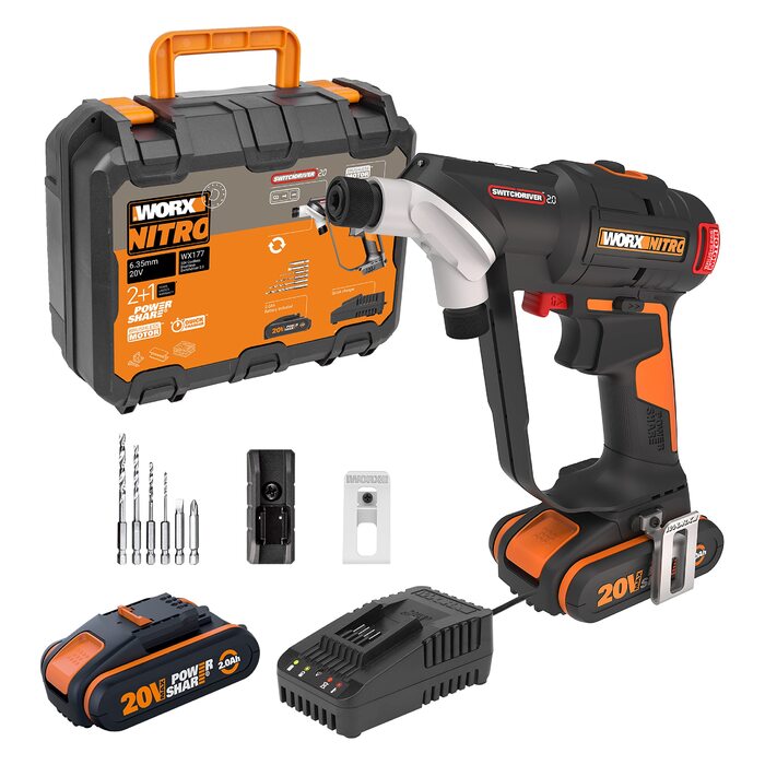 WORX WX177 NITRO акумуляторний дриль-шуруповерт Switchdriver 2.0 20V – потужний безщітковий двигун, 50Nm крутний момент, швидка заміна біт, точне регулювання крутного моменту, в комплекті акумулятор та зарядний пристрій. NITRO версія