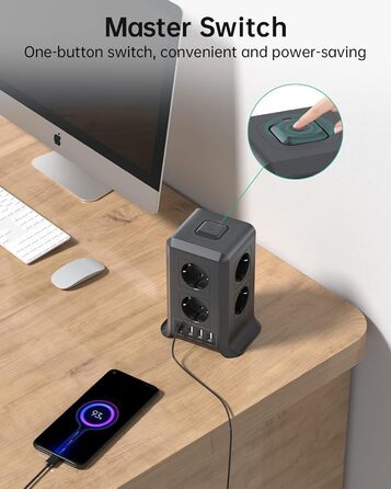 Багаторозкладна мережева панель Sameriver 8-fach з вимикачем, 4 USB, захист від перенапруги, 2м кабель, чорний