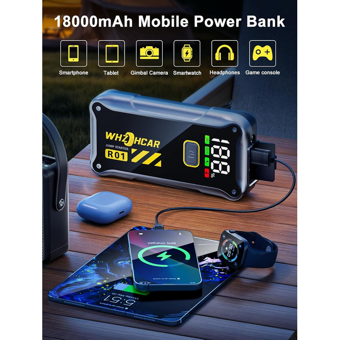 Powerbank Starthilfe 4000A: портативний пусковий пристрій для автомобіля 12V з LCD дисплеєм та LED ліхтариком. Підходить для бензинових (9.0L) та дизельних (7.5L) двигунів. Ідеально для SUV, мотоциклів та газонокосарок. Чорний колір.