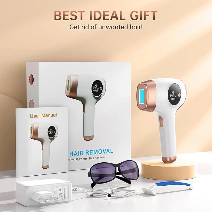 Пристрій для епіляції IPL: для жінок та чоловіків, 9 рівнів енергії, 999 000 імпульсів, безпечний для дому (обличчя, тіло, бікіні)