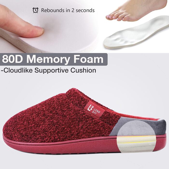 Домашні тапочки LongBay для жінок з піною Memory Foam, антиковзаюча підошва, зручні сліпони (38/39 EU, Червоний)