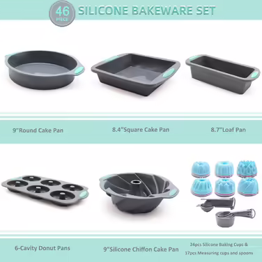 51-Piece Silicone Baking Molds Set, Non-Stick Kitchen Baking Molds, Silicone Cake Molds with Muffin Tin, Cookie Baking Sheet, Cake Pan, Donut Pan, and Loaf Pan (46 Pcs Bakeware Sets)