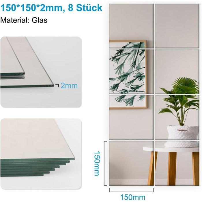 Дзеркальна плитка самоклеюча 15x15 см, 8 шт. - для декору стін, шаф, ванної кімнати, вітальні, спальні