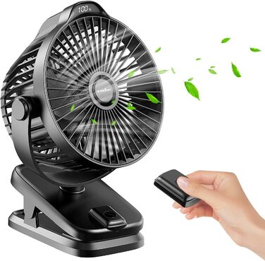 8000mAh Mini USB Clip Ventilator Battery, 13cm Small Table Fan with Remote Control, 5-Speed, LED Display, 360° Rotation, Rechargeable Battery Portable Table Fan for Home, Office, Camping, Stroller